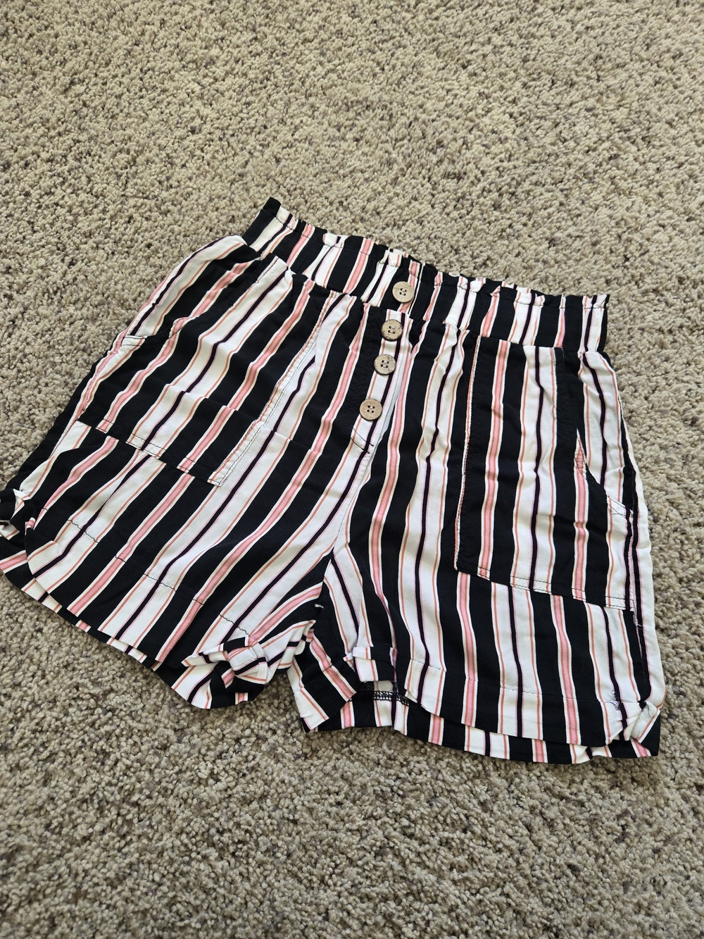 Joe B Black, Pink and White Striped High-Waist Button Shorts